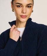 Cotton Fisherman Cinched Waist Zip Up Sweater